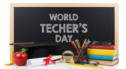 Celebration theme featuring educational items displayed before a chalkboard announcing appreciation for instructors