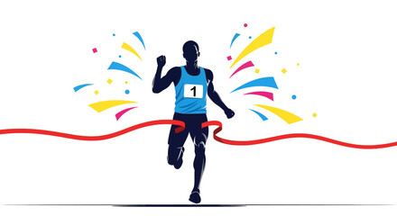 Runner crossing finish line with colorful confetti, celebrating victory. © Kumara