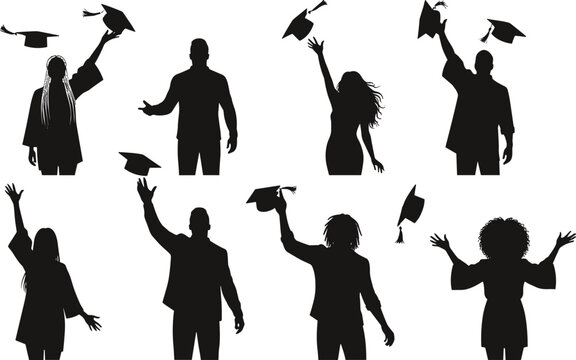 Silhouette graduates celebrating success, throwing caps, education achievement concept, academic milestone, student celebration, black figures, isolated white background illustration