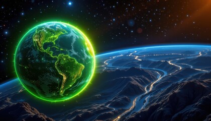 Obraz premium Futuristic Space Background with Earth and Green Globe Sign