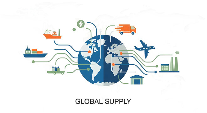 グローバルサプライチェーン最適化：効率的な物流と国際貿易を表す「GLOBAL SUPPLY」