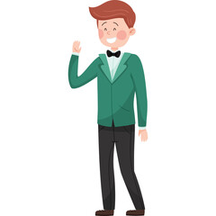 Young Man In A Green Blazer And Black Pants Waving Hello With A Friendly Smile Against A White Background
