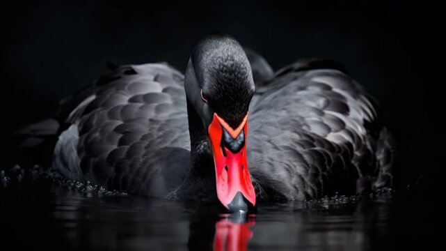 Black swan gracefully preening in still water during twilight hours in a tranquil setting