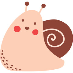Cute cartoon snail character with blush cheeks and antennae against a transparent background featuring a brown swirled shell and dotted body details in a 