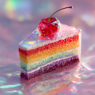 Rainbow cake slice decorated with crystal gems and cherry on iridescent background