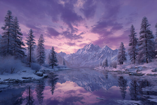 Winter Mountain Landscape at Sunset