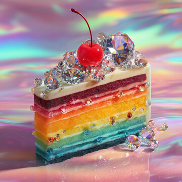 Rainbow cake slice decorated with crystal gems and cherry on iridescent background
