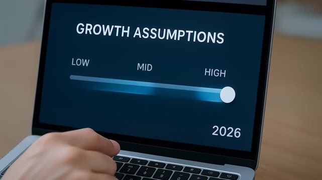 Finance budget forecast 2026 with finger adjusting growth assumptions on laptop screen for high confidence future planning and analysis success