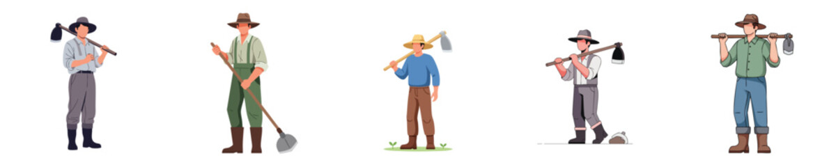 Farm Field Worker Flat Vector Illustration Male Farmer with Hoe Tool
