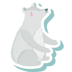Cute Cartoon Polar Bear Sitting Illustration with Soft Gray Fur and Pink Cheeks on Transparent Background with Teal Outline