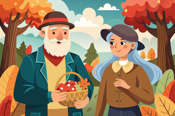 Obraz premium Elderly man holding a basket of mushrooms smiles at a woman in a cozy sweater, surrounded by vibrant autumn leaves, enjoying seasonal activities in nature