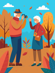 Fototapeta premium Elderly man taking a photo of smiling woman in colorful autumn park, surrounded by vibrant leaves and trees, capturing joyful moments in the fall season with copy space