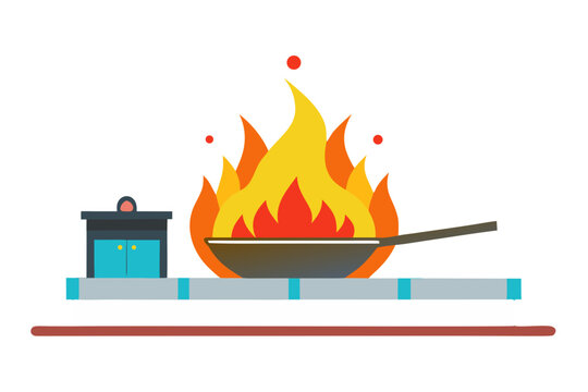 Live cooking pan with flames rising at a wedding reception, showcasing vibrant colors and dynamic movement in a minimalist vector illustration style, perfect for culinary themes