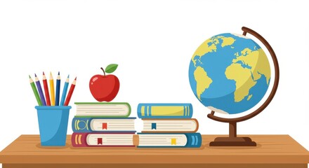 Various learning implements and a terrestrial sphere are arranged neatly upon a wooden surface