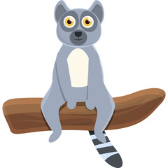 Cute Cartoon Ring Tailed Lemur Sitting on a Tree Branch Isolated on White Background