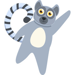 Cute cartoon ring tailed lemur with big yellow eyes and grey fur raising one arm and its striped tail in the air with a transparent background