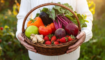 A person in a white sweater holding a rustic wicker basket brimming with vibrant, fresh-picked organic vegetables and fruits