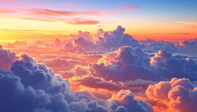 Stunning aerial perspective of a majestic cloudscape illuminated by a radiant sunset, featuring soft, glowing clouds in warm and cool tones, a serene and peaceful sky vista