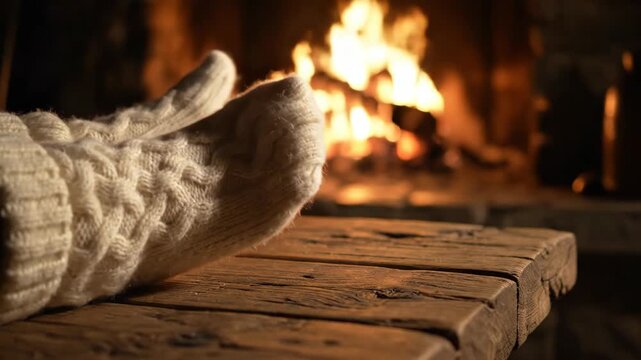relaxation by cozy fireplace with feet in warm socks on wood table. comfortable winter evening at home. hygge style comfort. horizontal banner template with copyspace.