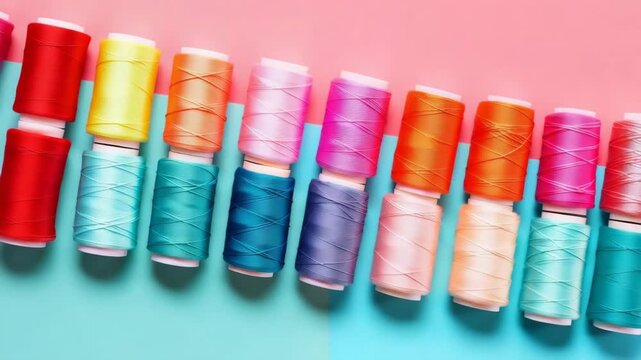 Colorful spools of thread arranged in a vibrant pattern on a pastel background showcasing the art of sewing and crafting