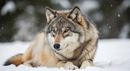 Fototapeta premium Majestic Gray Wolf Resting in a Snowy Forest during Winter, with Snowflakes Adorning Its Fur and Visible Breath in the Cold