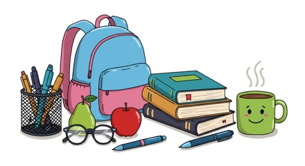 Assortment of study supplies and healthy snacks are arranged together for academic preparation