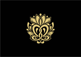 Elegant golden floral design featuring a central heart shape and surrounding leaves.