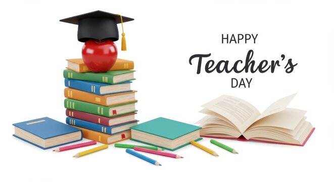 Stack of colorful books topped with an and graduation cap sits near open book and writing tools to celebrate educator appreciation.