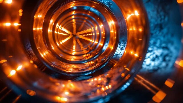 Colorful lights illuminate the inside of a metal pipe showcasing stunning patterns and reflections