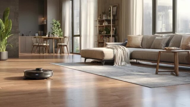 Hybrid cleaning robot combines vacuum and mop functions transitioning seamlessly between carpeted and tiled surfaces to maintain spotless floors in sleek apartment interior.