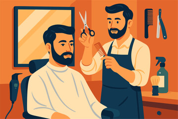 Barber cutting man&rsquo;s hair in barbershop &mdash; professional hairstylist and grooming service illustration