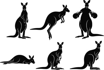 WebBlack silhouette illustrations of kangaroos in varied poses &ndash; jumping, boxing, sitting, lying down &ndash; stylized wildlife behavior and anatomy reference art