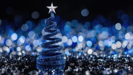 Sparkling Blue Christmas Tree with Star Topper and Bokeh Lights.