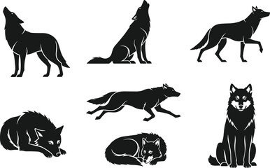 WebWolf cad drawing flat vector illustration, silhouette, howling, sitting, walking, lying, sleeping, curled, upright, predator pose, wild animal