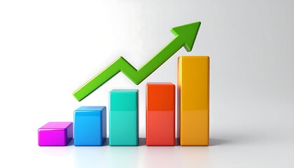 Colorful bar chart with a rising green arrow, symbolizing business growth, positive investment trend, and financial success, isolated on white background.