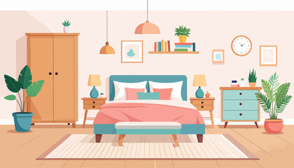 Bedroom interior flat color vector illustration. Cozy living room. Residential lifestyle. Double sized bed. Household room with furniture. Modern home 2D cartoon interior with furnishing on background