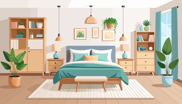 Bedroom interior flat color vector illustration. Cozy living room. Residential lifestyle. Double sized bed. Household room with furniture. Modern home 2D cartoon interior with furnishing on background