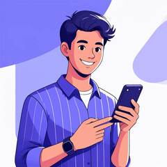 Young man holding smartphone and smiling. Casual male character using mobile device for texting, browsing or social media. Flat vector illustration of modern digital lifestyle communication concept.