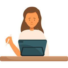 Young Woman With Brown Hair And Orange Skin Tone Wearing A White Shirt Sitting At A Wooden Desk With A Teal Tablet And Stylus Focused On Her Work With A Sad Expression
