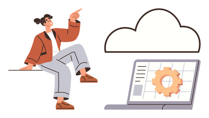 Woman pointing toward outlined cloud above laptop displaying a gear icon on a grid interface. Ideal for technology, cloud computing, data management, innovation, problem-solving, collaboration