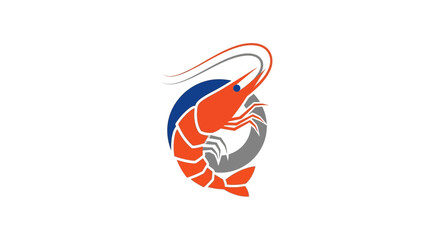 Obraz premium A vibrant logo featuring an orange shrimp with a blue and gray circular background, suitable for seafood businesses.