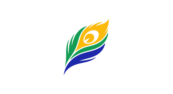 A stylized graphic of a peacock feather with vibrant yellow, green, and blue colors on a white background, resembling a modern logo design.