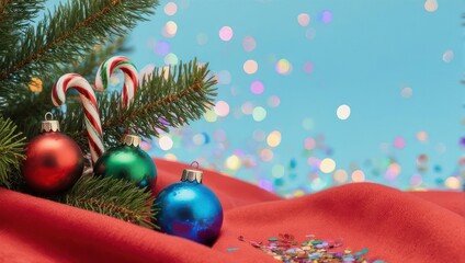 Naklejka premium Festive Christmas Arrangement with Ornaments and Candy Canes on Red Fabric.