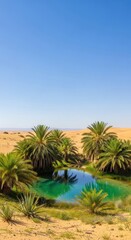 Lush Green Oasis with Turquoise Water and Palm Trees in the Golden Sahara Desert under a Bright Blue Sky