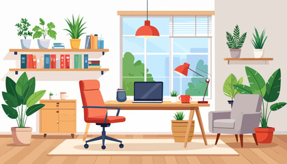 Corporate office flat color vector illustration. Business company CEO workplace 2D cartoon interior design with furniture on background. Professional freelancer workspace, modern apartment decor