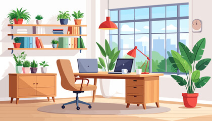 Corporate office flat color vector illustration. Business company CEO workplace 2D cartoon interior design with furniture on background. Professional freelancer workspace, modern apartment decor
