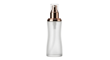 Frosted glass cosmetic spray bottle with a rose gold pump dispenser, isolated on a clean white background. Minimalist beauty product mockup for skincare
