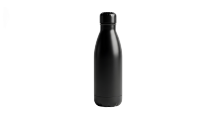 Sleek matte black reusable water bottle for hydration, isolated on a clean white background. Modern stainless steel thermos flask for sports and travel with professional lighting