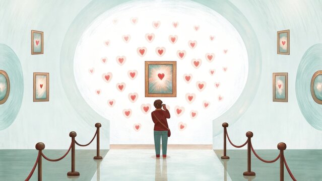 Person Standing Before a Glowing Artwork Displayed in a Gallery