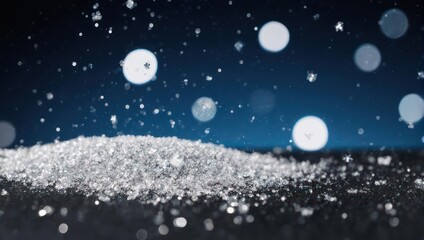 Sparkling pile of glitter with bokeh lights against a dark background.
